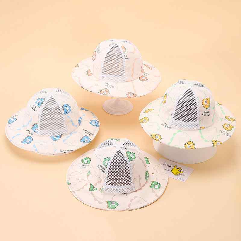 Kids Hat, Girls, Boys, 3-6 Years Old, Summer Fisherman Hat, Cute Dinosaur Print, Pink, Blue, Yellow, Green, Cotton Material, Mesh, Breathable, Sunshade, Sunscreen, Windproof, Short Brim, Round Top, Childlike, Fresh, Sweet Style