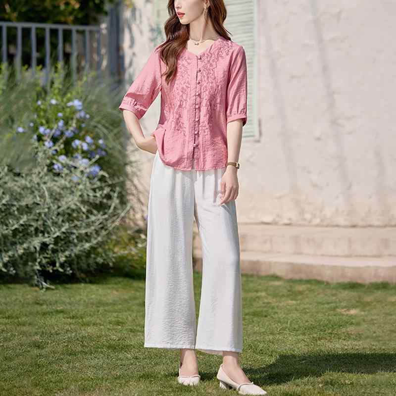 レディース セットアップ トップス 広広としたズボン下 刺しゅう プルオーバー 花柄 草木刷り上げる うつり変わり 図案化 人付き合い冷感 レイヨン 原料品 サクラ色 色合い上がり下がり 白 取り合わせ 夏 春夏 陽気 軽さ 好いたらしい 普段使い走り 通い 通年 相応う ビッグ影ぼうし パンツスーツ-レディースファッション