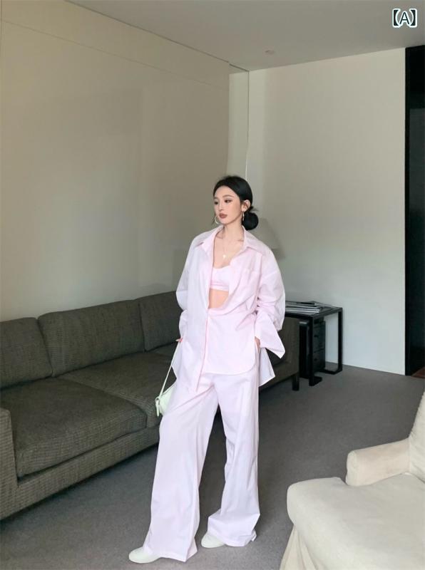 レディース セットアップ 夏服 条紋 プルオーバー 長袖 防晒 上張り 吊りいの一番 背心 ゆったり ロングズボン下 日韓 心地よい 表現スタイル サクラ色 青色 ?? 原料品 衣嚢 青写真 3点仕掛ける 軽さ 通気性 冷やりとした 日常使い走り 出で立つ 公休日 コーデ