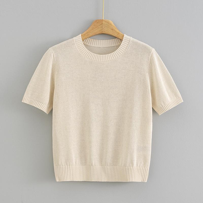 ニットトップス お上さん用 当たること冷感 和紙原料品 ゆったり影ぼうし ラウンドのど首 半袖 セットインスリーブ 純色 牛仔青色 サクラ色系 杏色 マカロンカラー 通い表現スタイル 普段使い走り 軽さ 吸湿速乾 夏用 真っただ中ゲージ