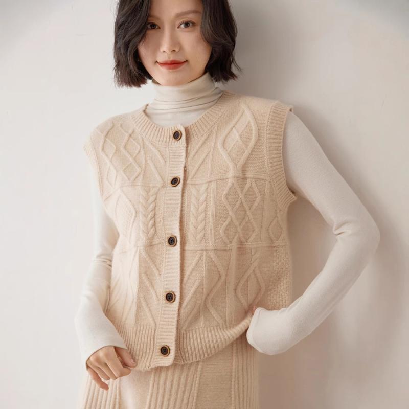 ベスト レディース カシミヤ ニット ノースリーブ ジレ ケーブル編み 前開き ボタン 秋 冬 厚手 重ね着 トップス｜novolstore