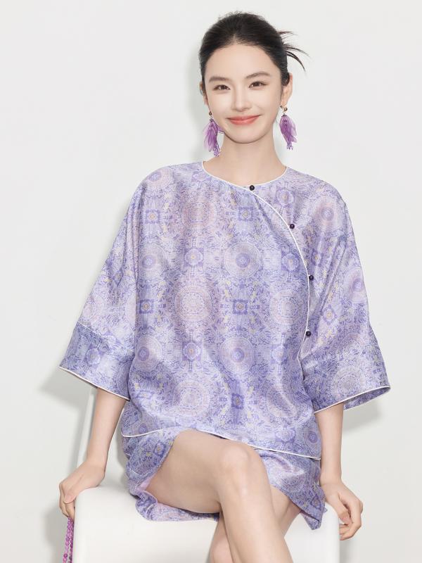 レディース セットアップ プルオーバー さる股引き 国風 春夏 紫 草木花卉 印花 ?? 七分袖 文??古 居家 朱夏 休? ?松 斜襟 松?腰