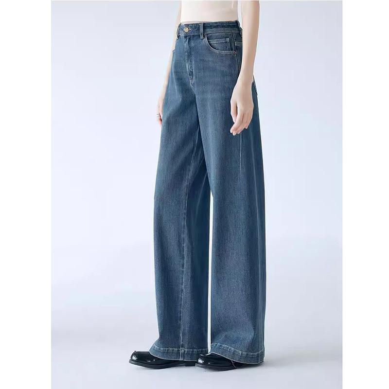 デニムパンツ 女性用 春夏 ロング丈 ハイウエスト 直筒型 綿混 ポリエステル混 中厚 切り替え加工 ウォッシュ加工 通勤 普段使い 軽量 伸縮性 ライトブルー ダークブルー カジュアルスタイル 日韓風 足長効果 小柄対応 バックスタイル ミディアムシル｜novolstore