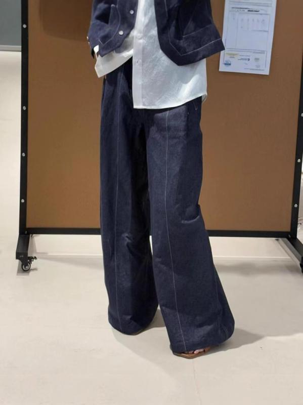 パンツ 女性用 梨型体型対応 高腰 麻混 デニム ワイドレッグ ロング丈 春夏 秋冬 通勤 普段使い 軽量 伸縮性 吸湿速乾 ポケット付き 牛仔色 燕麦色 無花果色 ミドル厚 基本デザイン ゆったりシルエット｜novolstore