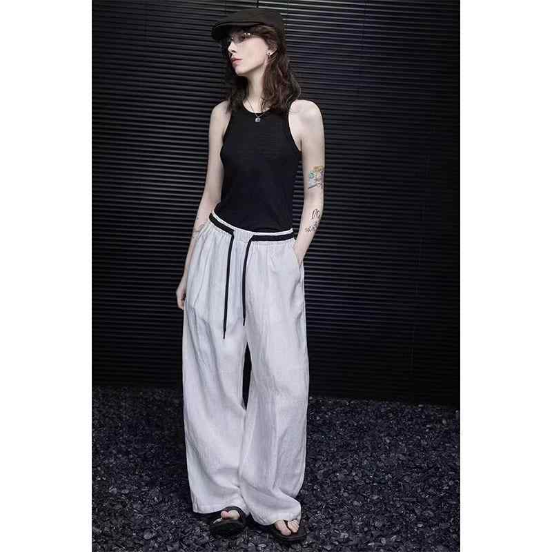 レディース クロップドパンツ 高腰 麻 素材 ストレッチ 素材 不対称 デザイン ゆったり シルエット ストレート タイプ ロング 丈 シンプル スタイル 御姐風 私服 コーデ 白色 酒色 灰色 カーキ 春季 アイテム 日常 使い 軽量 快適 着心地｜novolstore