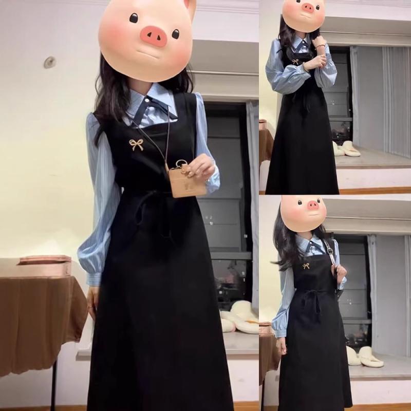 ワンピース レディース 長袖 学院風 偽ツーピース シャツワンピース ミドル丈 仙女スカート POLO領 中腰 黒 綿ポリ 純色 プリント加工 春季 ヴィンテージ風 セットアップ 韓系 着こなし 復古スタイル 中国風 トップス スカート 組み合わせ 日常|novolstore