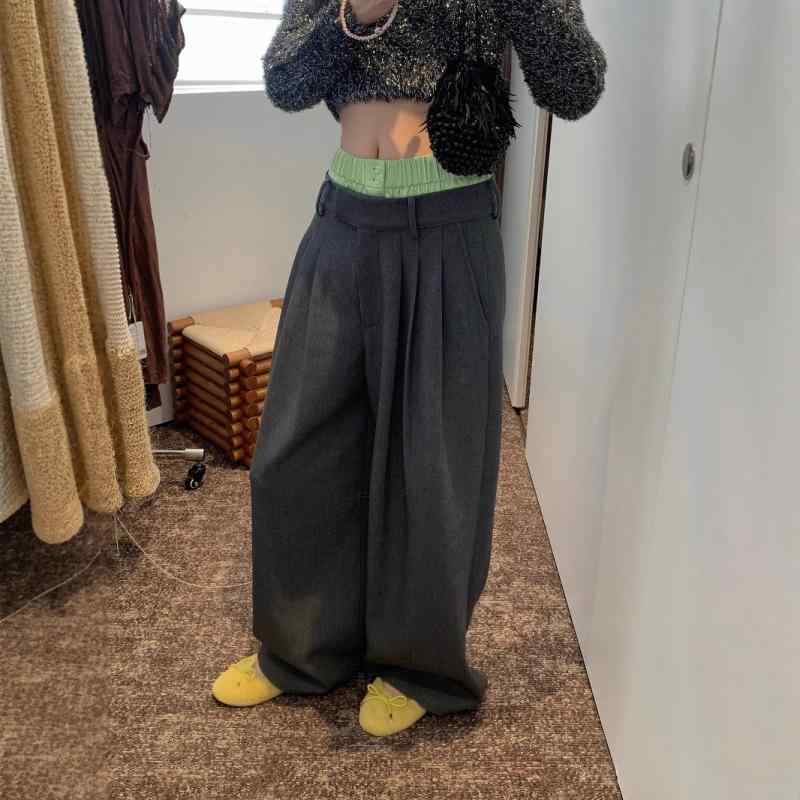 レディース 西装ズボン下 直筒型 長ズボン 高腰 薄墨色 緑 うつり変わり 偽背広 ゆったり 今めかしい 商行為 通い 心地好い 伸縮性 生まれ変わり衣料繊維 三春