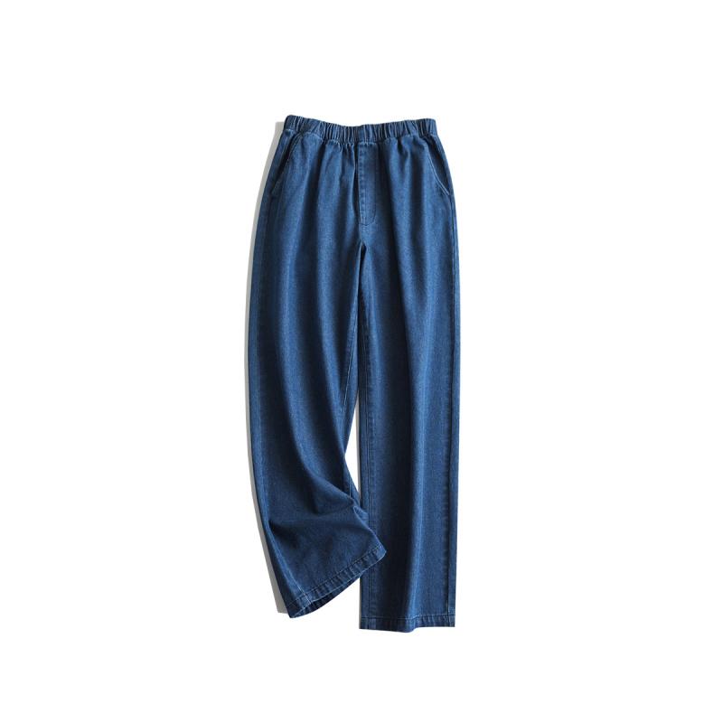 レディース 牛仔パンツ コットン 素材 直筒 シルエット テーパード 形状 スリム フィット 脚長 効果 ゆったり 着用感 松腰 デザイン ドローストリング 調整 通勤 用途 デイリー スタイル 普段使い 適応 シンプル 流行 夏 シーズン ブルー カラ｜novolstore