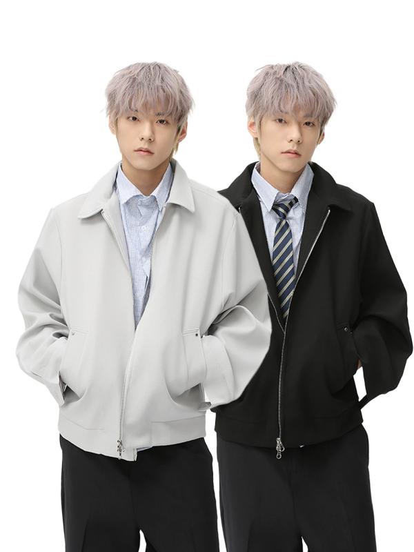 メンズ ジャケット 学院風 偽ツーウェイ シャツ デザイン 短め 韓版 シンプル ファッション フラップカラー ルーズフィット ジッパー 長袖 春 日常 ポリエステル コットン グレー 黒|novolstore