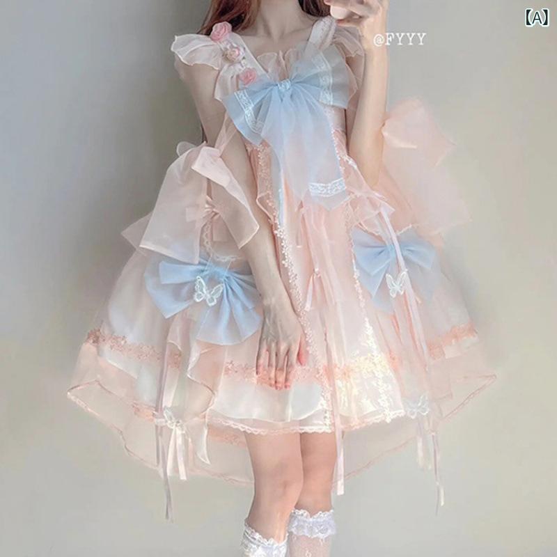 ロリータ ワンピース チャイナ風 かわいい 仙女 スタイル 雪? 素材 蝶結び リボン フリル 装飾 プリンセス スカート ロング 丈 吊り帯 肩紐 無袖 ストリート ファッション 冬 オールシーズン|novolstore