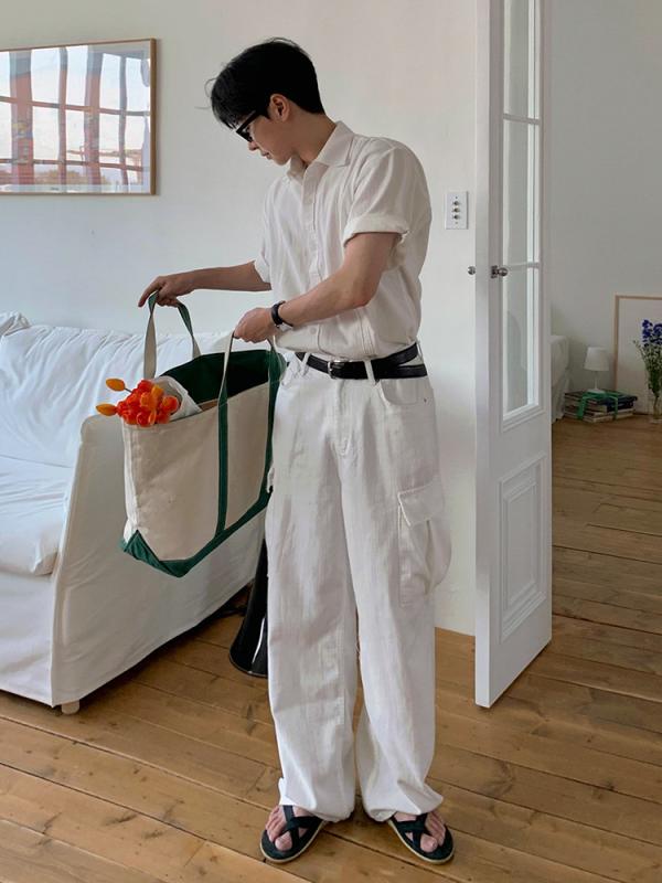 メンズ 白 デニムパンツ 夏 ?松 直筒パンツ 韓国風 高級感 ・尽地 工装パンツ｜novolstore
