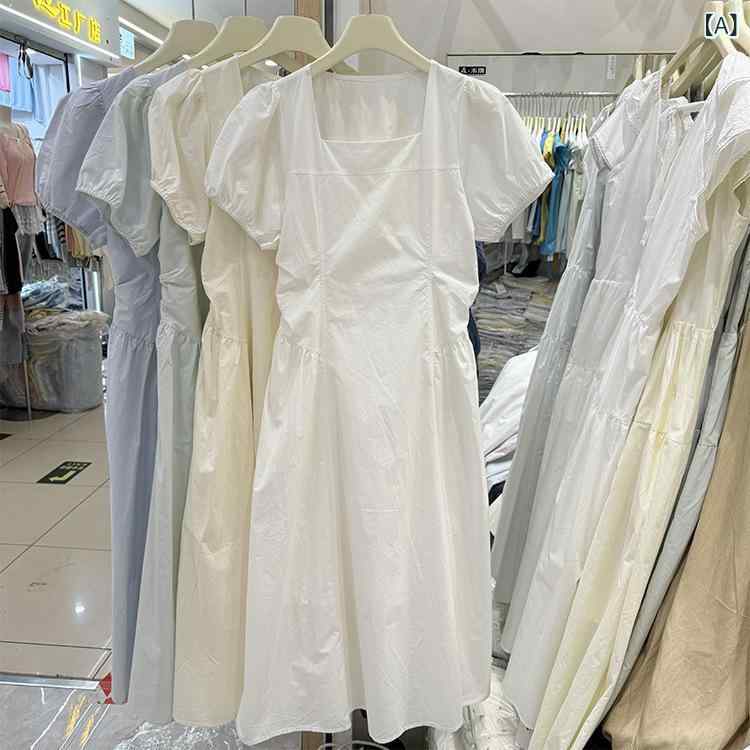ワンピース レディース 夏 韓国風 ファッション スクエアネック パフスリーブ 気質 収腰 スリム 中長 Aライン 無袖 セットインスリーブ プリーツ 装飾 PVC素材 単品 基本 スタイル 丸首 セットオン 純色 柄 白色 浅黄色 浅青 緑 白 イエロ｜novolstore