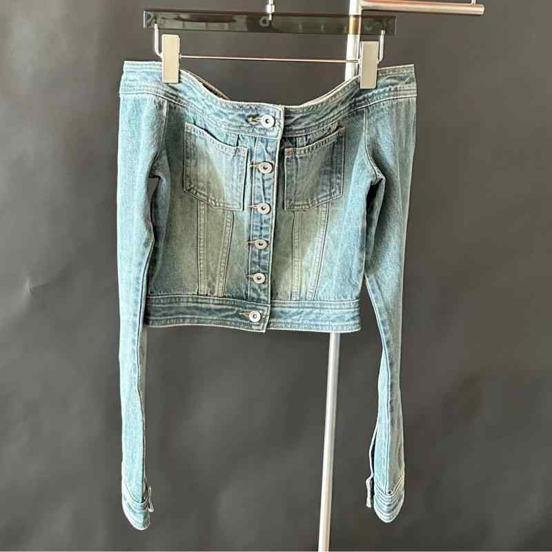 ワンピース トップス デニム 牛仔布 綿 長袖 通常袖 不規則版型 短丈 40cm以下 オフショルダー 一字肩 復古 アメリカン ヴィンテージ風 洗い加工 デザイン セット 上衣 名媛風 私服 秋 イエローグリーン ブルー｜novolstore