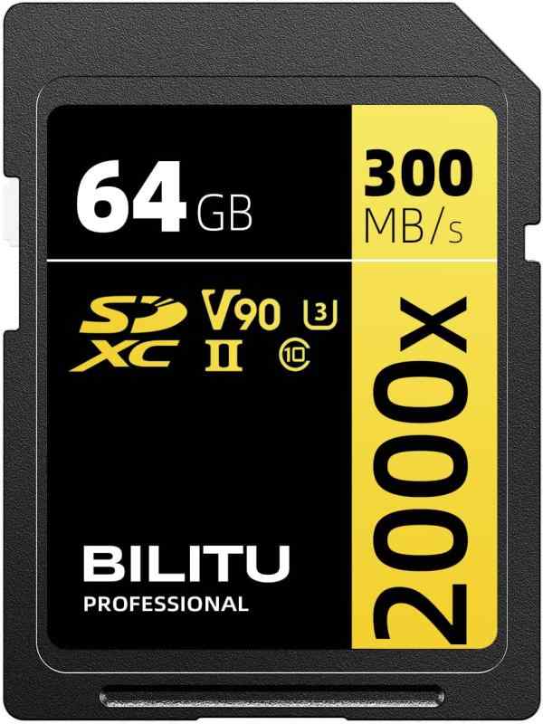 BILITU 64GB プロフェッショナルSDメモリーカード、UHS-II、V90、フルHD、4Kビデオ、最大280MB/秒の読み取り速度。プロの写真家、ビデオグラファー、愛好家に最適。|novolstore