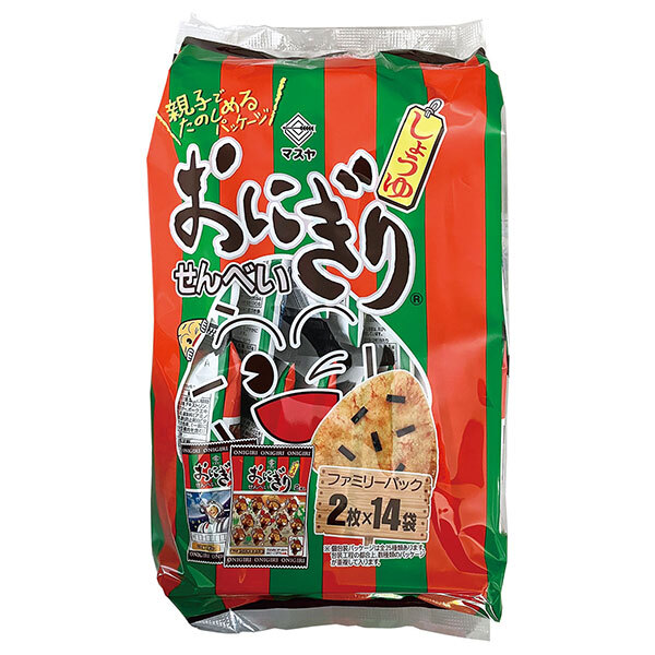 マスヤ おにぎりせんべい ファミリーパック (2枚×14袋)×14袋入 メーカー 問屋直送｜ 送料無料 お菓子 おつまみ せんべい 袋 米菓 醤油 しょうゆ