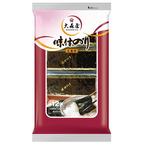 大森屋 大森印 (12切5枚12束)×10個入｜ 送料無料 乾物 海苔 味付のり 使いきりタイプ サクッと仕上
