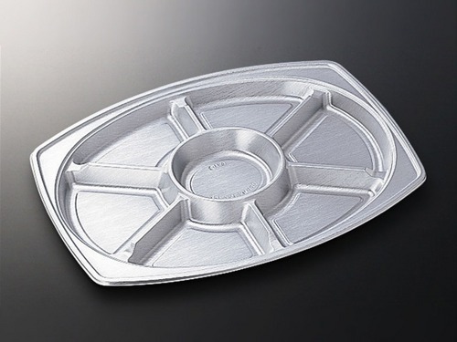 オードブル皿 DＸ Ｅ小判440 フタ付（20枚）身/440×320×30粍・フタ/高53粍 楕円面形 寄り合い皿 盛皿 年の暮 年始 盛皿 オードブル入れもの 持ち帰り皿 仕出し 使い捨て おテイクアウト しろがね色皿 分け取り付き添い人