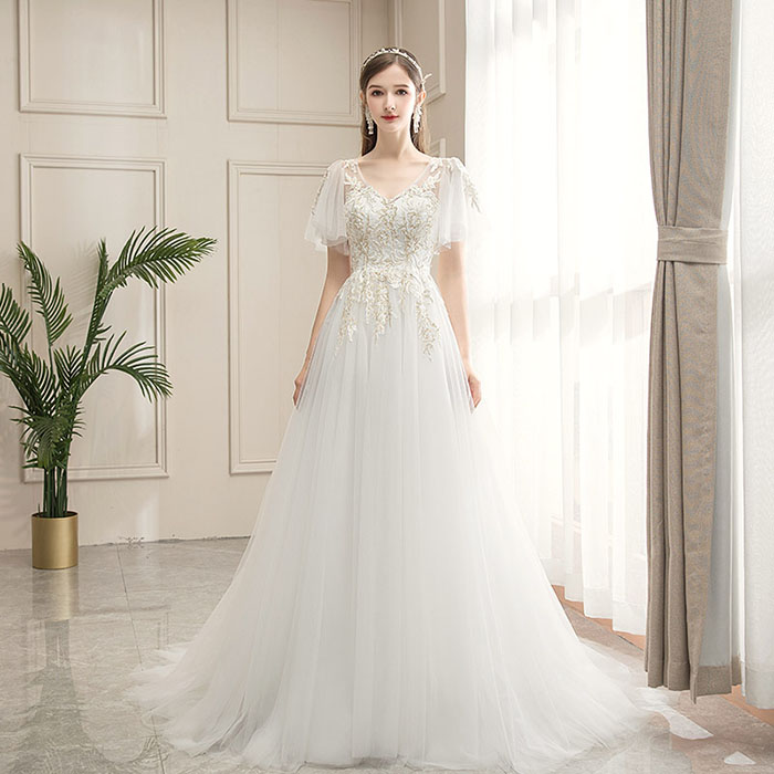 ウエディングドレス ブライダル 結婚式 wedding dress ロングドレス 二次会 パーティードレス 人気 演奏会 白 シンプルドレス 半袖 手作り オープンバック 大きいサイズ｜小きいサイズ