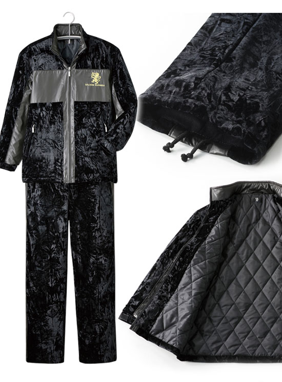 サルーンエクスプレス 刺しゅう入りベロアダンディスーツ 送料無料 代引料無料 正規品 通販 サプリ キルト加工の裏地付き ブランド刺繍入り ベロアスーツ 男性用 ヘルス 紳士用 メンズ Nstショッピングベロアダンディスーツ 上下セット 紳士用 ベロアダンディースーツ