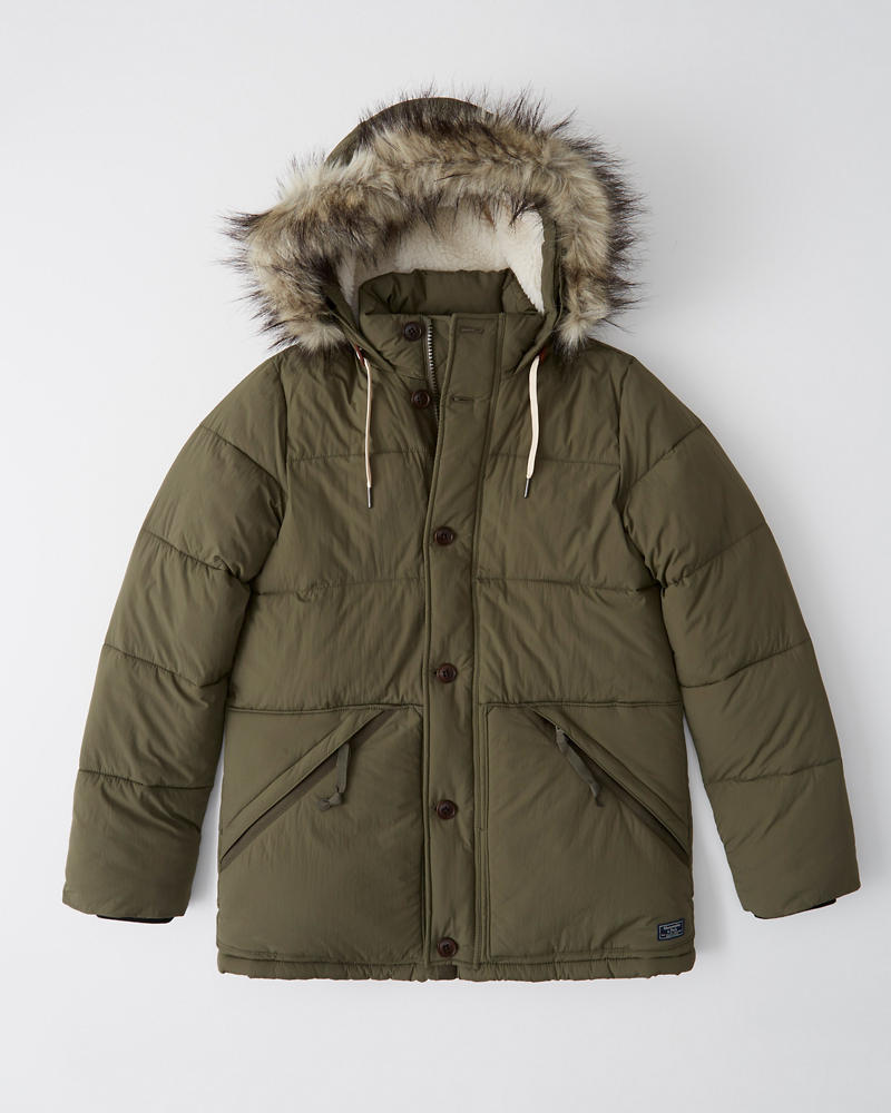 P5倍!!全商いもの6/4 20時~Abercrombie＆Fitch (アバクロンビー＆フィッチ) 取りはずし能力のある毛革 プリマロフトゴールド ウルトラシェルパダウン(Ultra Sherpa Puffer) メンズ（長袖）(Olive) 新品