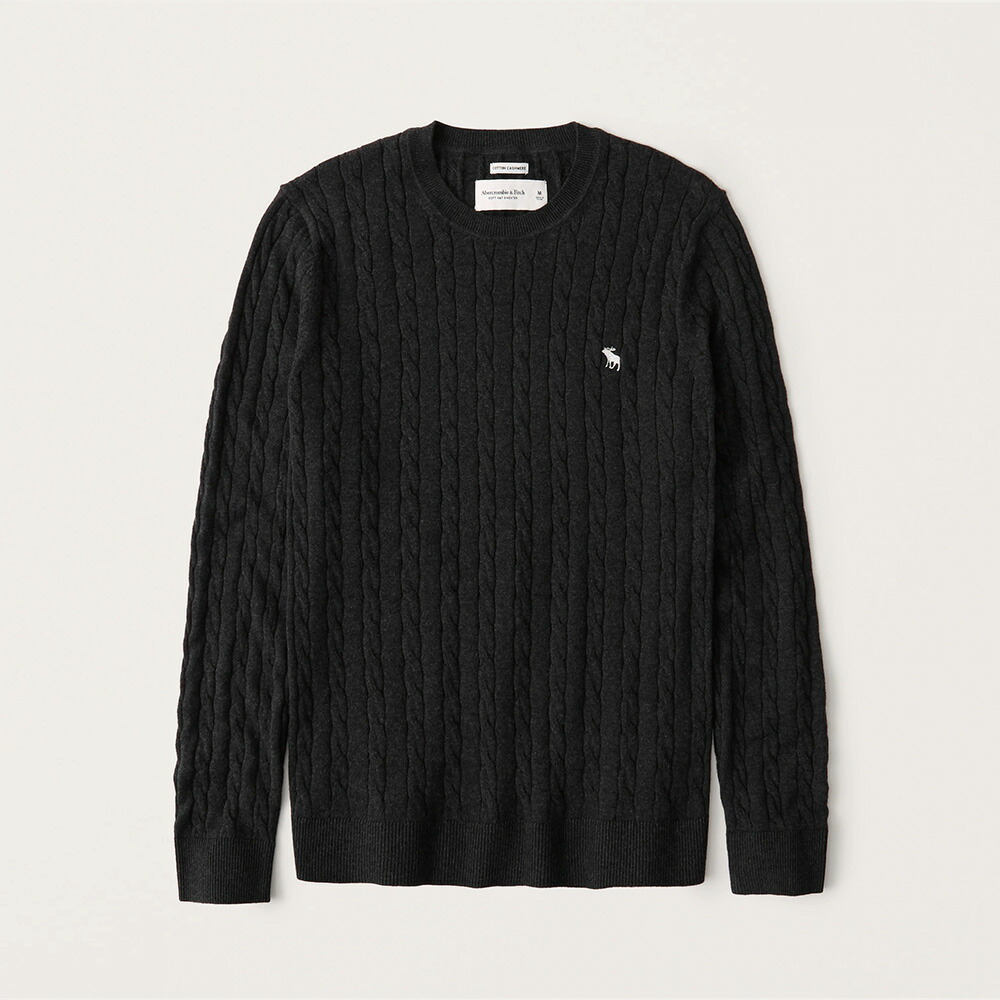 人気ブランド Abercrombie Fitch アバクロンビー フィッチ ムース刺繍 ケーブルニット クルーネックセーター Cotton Cashmere Cable Knit Icon Sweater メンズ Dark Grey 新品 超美品 Www Balloonylandkw Com