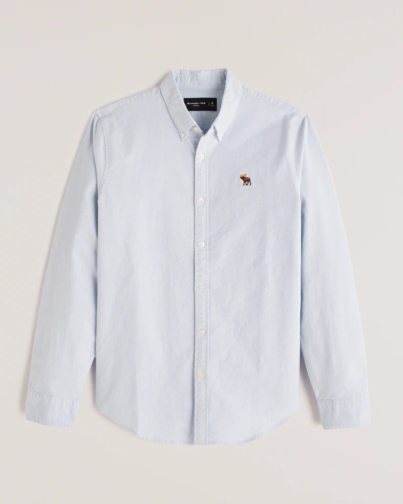 Abercrombie＆Fitch (アバクロンビー＆フィッチ) ヘアムース刺しゅう 伸ばすこと オックスフォードティーシャツ（長袖）(Signature Icon Oxford Shirt) メンズ (Light Blue) 新品