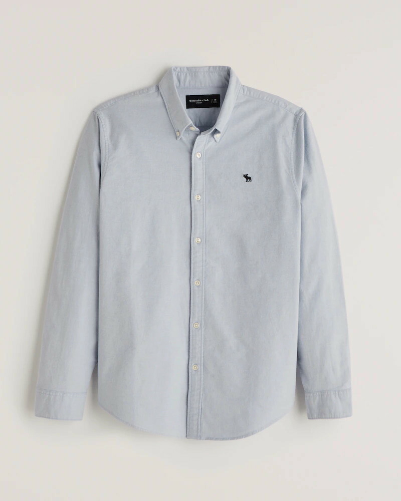 【P10倍!!要エントリー】Abercrombie&Fitch (アバクロンビー&フィッチ) ムース刺繍 ストレッチ オックスフォードシャツ(長袖)(Icon Oxford Shirt) メンズ (Light Blue) 新品