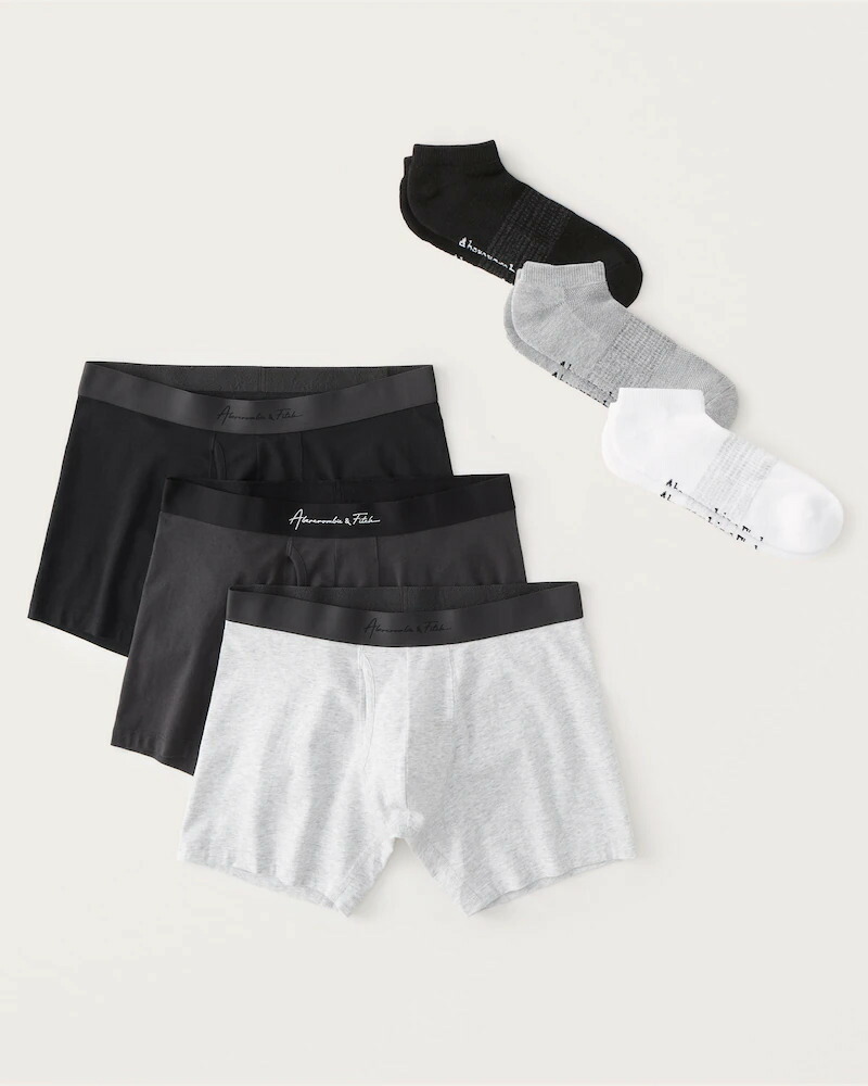 【P10倍!!要エントリー】Abercrombie＆Fitch (アバクロンビー＆フィッチ) 3枚セットアンダーウェア＆3枚セットソックス （ボクサーブリーフパンツ スニーカーソックス）(3-Pack Boxer Briefs and 3-Pack Sneaker Socks) メンズ (Black-grey) 新品