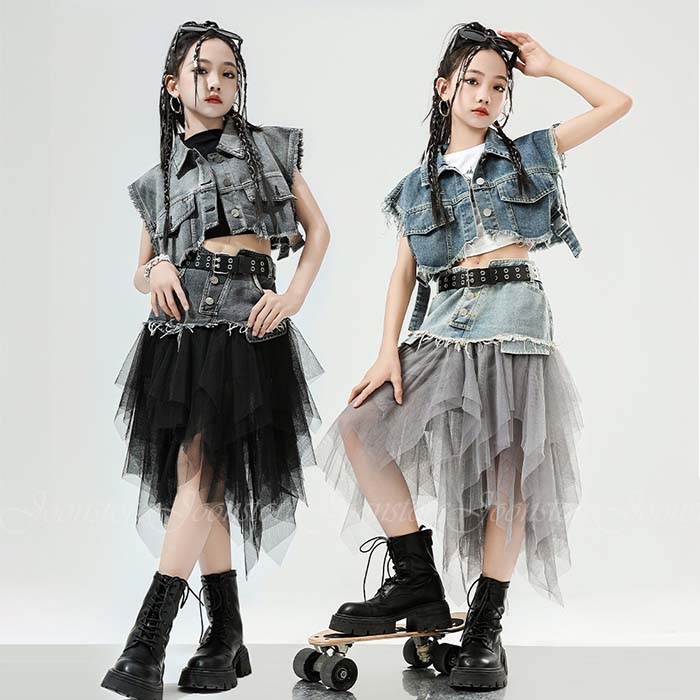 女の子 ジャズダンス衣装 4点セット ヒップホップ キッズ ダンス 衣装 キッズダンス衣装 セットアップ へそ出し デニムトップス タンクトップ チュールスカート 上下セット ジャズ ヒップホップ 演出服 チアダンス 発表会 練習着 ステージ衣装 応援団 おしゃれ 110-180