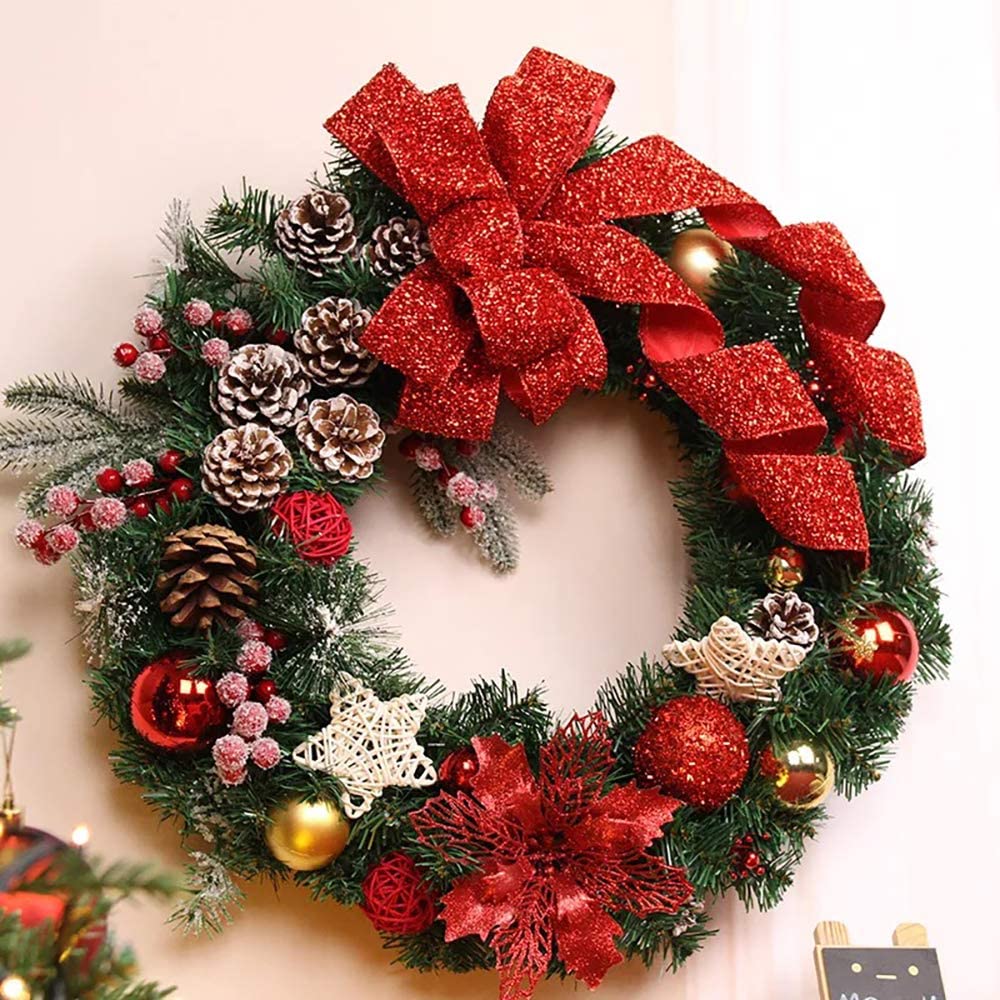 安いそれに目立つ X Mas クリスマスリース 定番 40cm オーナメント付 ビッグ レッド リボン キラキラリボン スター 星 飾り ボール ポインセチア 松かさ 鮮やかな赤い実 造花 アート ショーウィンドーディスプレー リース お店飾り 赤 Toyama Nozai Co Jp