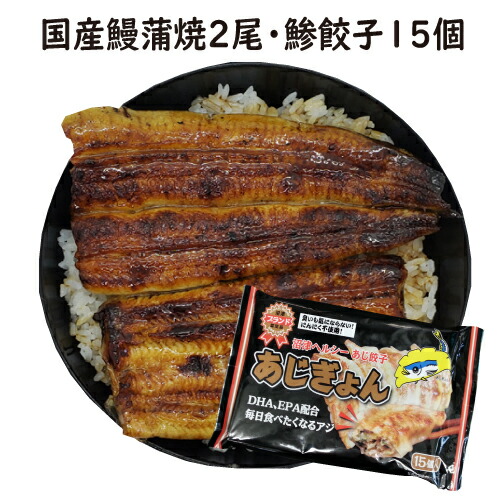 手焼き　国産鰻蒲焼２尾・鯵餃子（あじぎょん）１５個入り１パック 送料無料　アジ餃子・鯵餃子　冷凍クール便