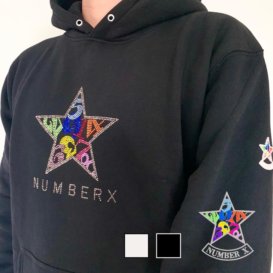NUMBERX BRAND 一風変わった ロゴタイプ スウェットパーカー 白いこと 黒いこと  メンズスウェットパーカー 星 パーカー かっこいい メンズ 黒パーカー レディース 白パーカー メンズパーカー ティーシャツ 今めかしいパーカー 大きめ スワロフスキー キラキラ 裏起毛パーカー