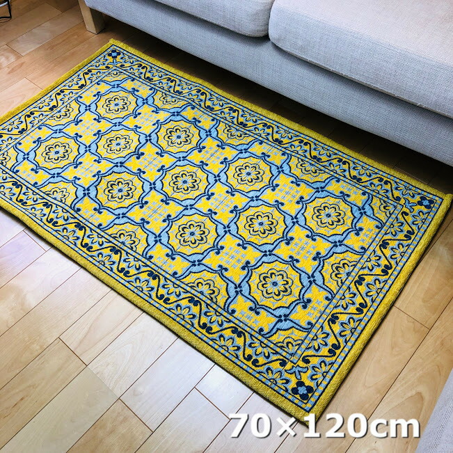 【クーポン有】玄関マット風水 大きめ 室内 屋内 黄色 緑 グリーン イエロー アクセントマット 70×120cm おしゃれ かわいい モダン 洗える 滑り止め 高級感 北欧 ゴブラン シェニール織 エレガント 70 120 ネイティブ 送料無料 リブラ おしゃれ 薄い 明るい 幾何学