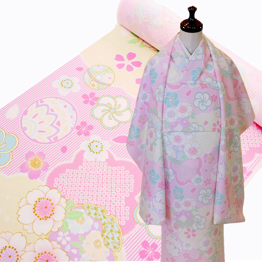 御召しもの用洗える出どころ 縞に手まりと桜梅(さくら色) 1反売り(約12m)