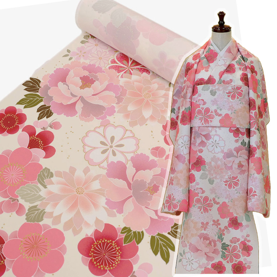 御召しもの用洗える出どころ 和花の競演(コーラルさくら色) 1反売り(約12m)