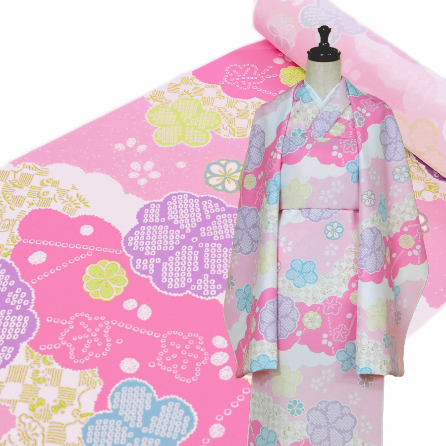 着物用洗える生地 宝尽くし雲取り柄にかのこ梅(ピンク) 1反売り(約12m)｜布がたり・ちりめん和柄生地と手芸