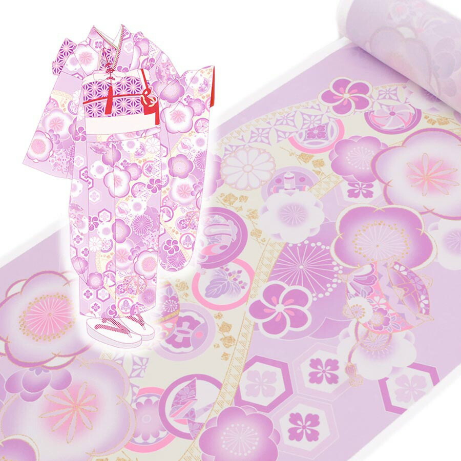 着物用洗える生地 梅花に手まりと糸巻き(薄紫) 1反売り(約12m)