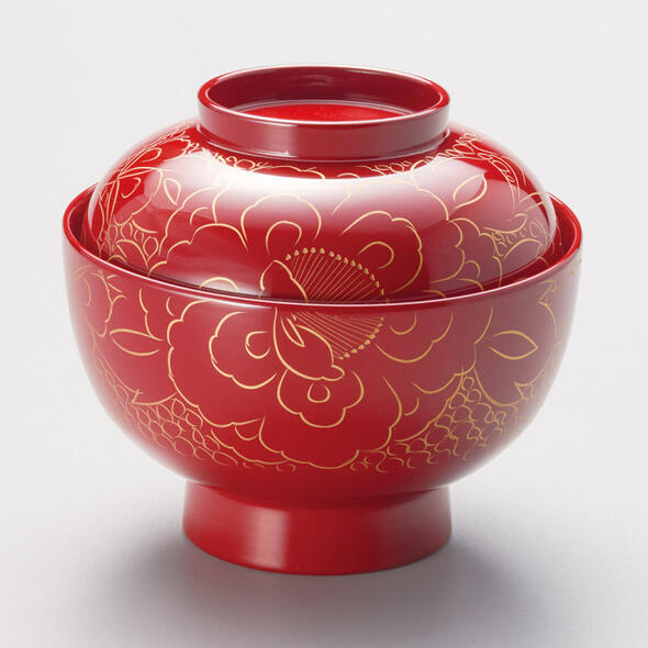 越前塗 漆器 牡丹彫 ② 蓋付椀 吸物椀 木箱入り（TA]新越前椀