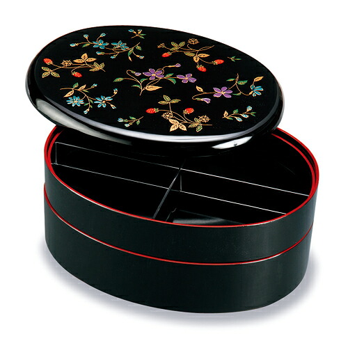 和食器 紀州漆器 オードブル 重箱 9.5寸 小判型 二段 黒塗り 花の小道 お重 盛絵 仕切り付 【ギフト・内祝い・成人内祝い・結婚内祝い・新築祝い・お返し】｜ぬりもの屋　井出漆器