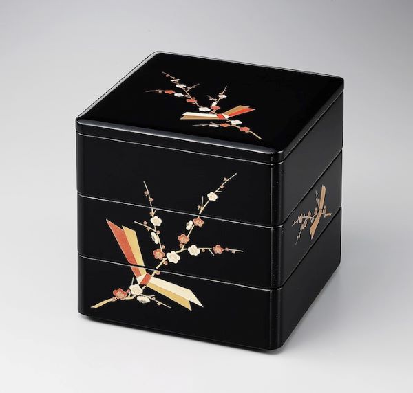 和食器 会津漆器 木繊 5.5 三段重箱 黒塗り 会津塗り ３段重箱 しだれ 