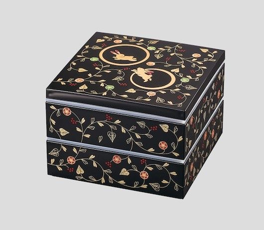 二段重 6.0 黒内朱 うさぎ 唐草 行楽オードブル 和食器 六寸 重箱 山中漆器 山中塗り【ギフト】【RCP】【楽ギフ_包装選択】【楽ギフ_のし】【楽ギフ_のし宛書】