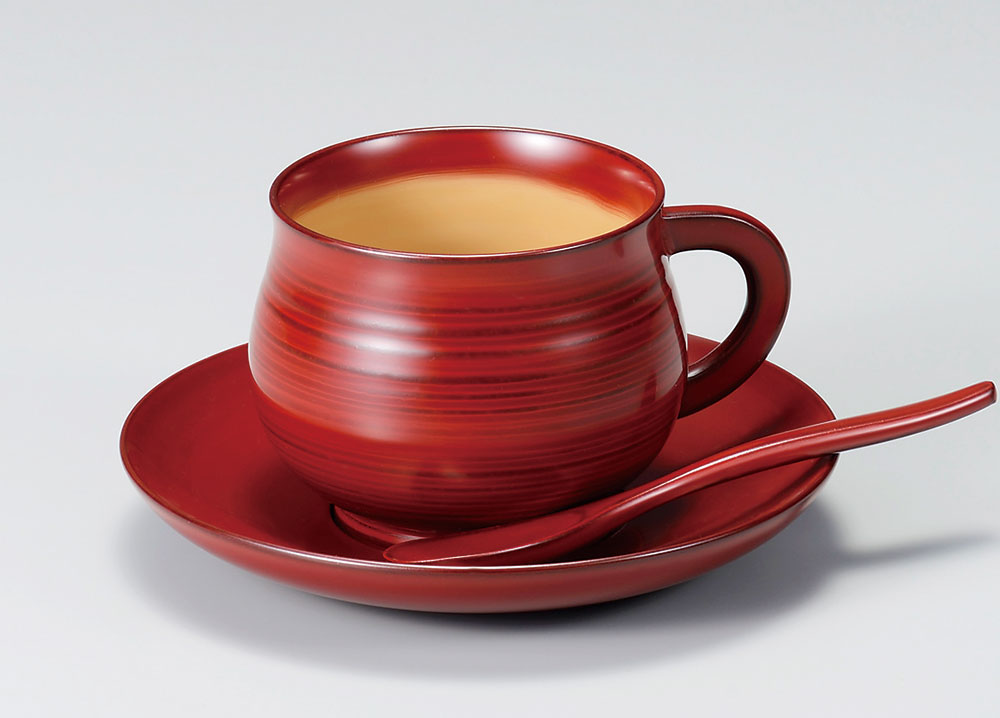 木製 越前漆器 コーヒーカップ 漆塗り 古代朱内白 珈琲 越前塗り ソーサー スプーン １組【ギフト・内祝い・成人内祝い・結婚内祝い・新築祝い・父の日ギフト・お返し】【楽ギフ_包装選択】【楽ギフ_のし】【楽ギフ_のし宛書】