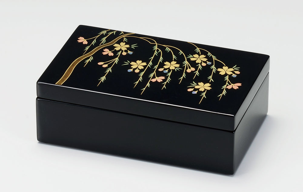 木製 越前漆器 長小筥 漆手塗り 貝入り しだれ桜 黒塗り 手描き蒔絵 越前塗り うるし塗り【ギフト】【楽ギフ_包装選択】【楽ギフ_のし】【楽ギフ_のし宛書】|ぬりもの屋 井出漆器