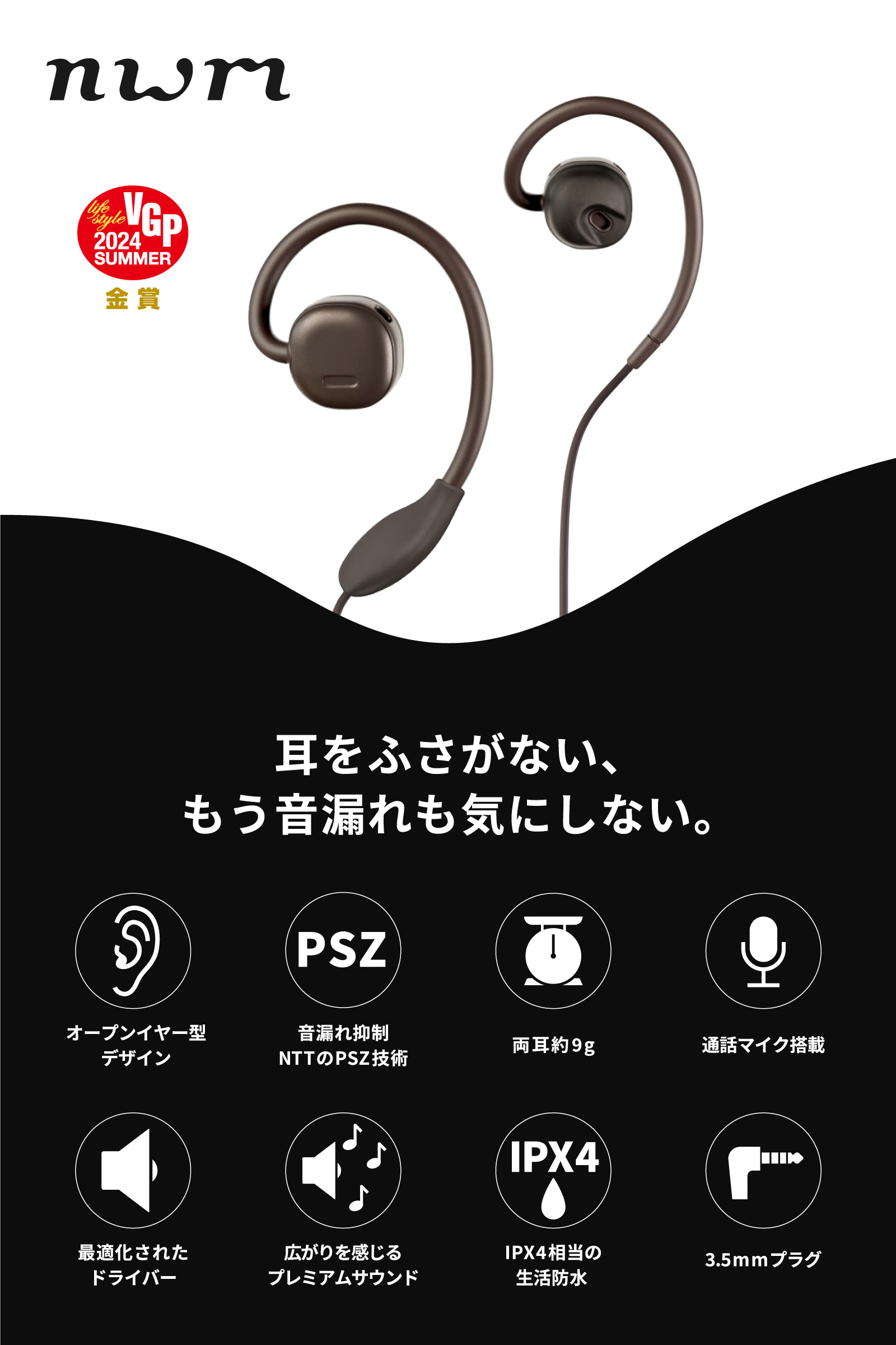 nwm (ヌーム) オープンイヤー イヤホン 耳スピ 耳を塞がない 有線 型