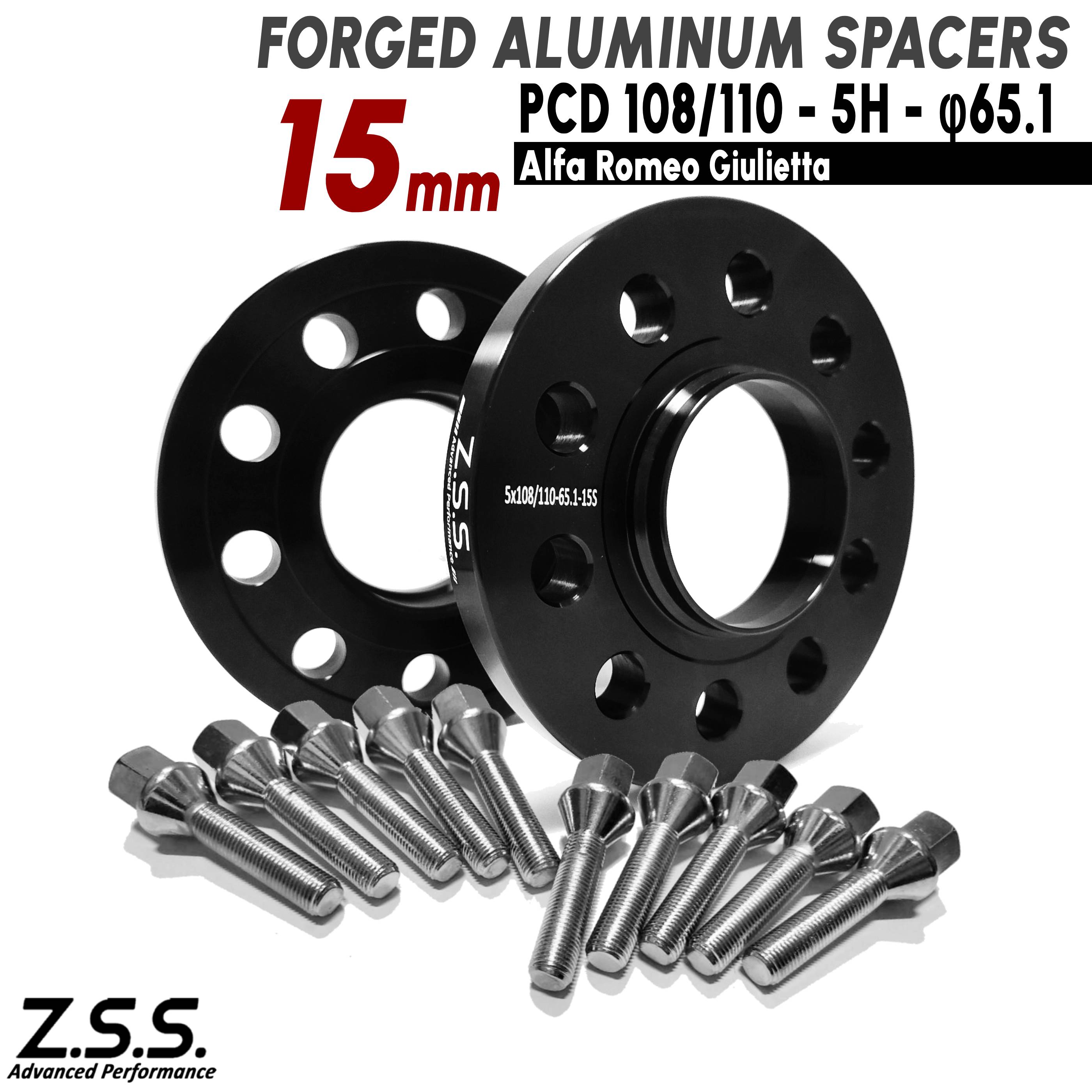 Z.S.S. AP アルファロメオ Alfa Romeo ジュリエッタ Giulietta 15mm スペーサー PCD108 PCD110 5穴 ハブ径65.1φ M12xP1.25 ボルト付き
