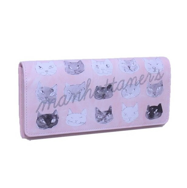 Manhattaner\u0027s マンハッタナーズ  長札入れ かぶせ手合い「マカロンピンクの猫顔」 財布・ケース-バッグ・小物・ブランド雑貨