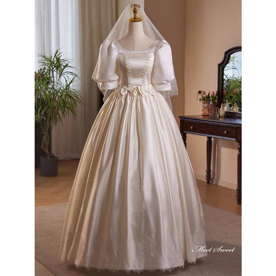 ウェディングドレス ロングドレス プリンセスドレス Aラインドレス 半袖 パフスリーブ 二次会 結婚式 前撮り 花嫁 ウエディングドレス サテン ブライダル｜ニャンワークショップ 16,297円
