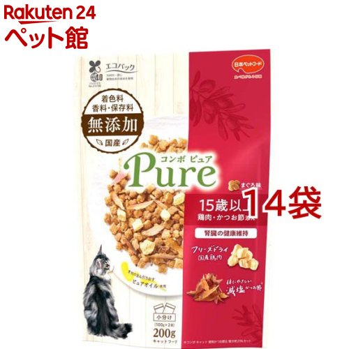 コンボ キャット ピュア 15歳以上 まぐろ味・鶏肉・かつお節添え(200g*14袋セット)【コンボ ピュア】