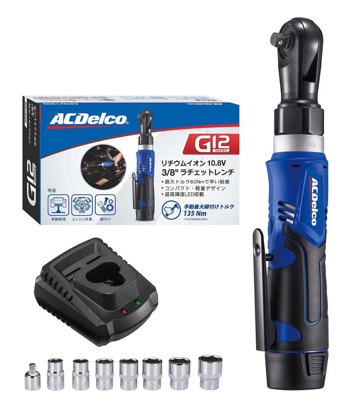 ACDelco G12 10.8V 充電式 ラチェットレンチ 3/8&rdquo;(9.53mm) 最大トルク45ft-lbs(60Nm) 正逆転切替 LEDライト内蔵（ソケット．日本語取扱説明書付）ARW1209P｜ホワイトサンタ