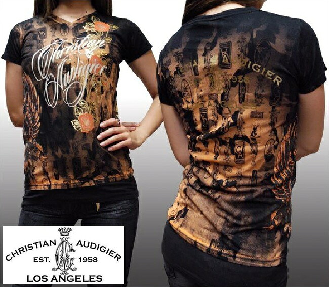春新作の Tシャツ カットソー ハリウッド インポート オレンジ ブラック Rose Vif Audigier Christian Tシャツ レディース クリスチャンオードジェー セール Laセレブ ブランド スタイル ストリート Hardy Ed エドハーディー 正規品 セレカジ カジュアル セレブ